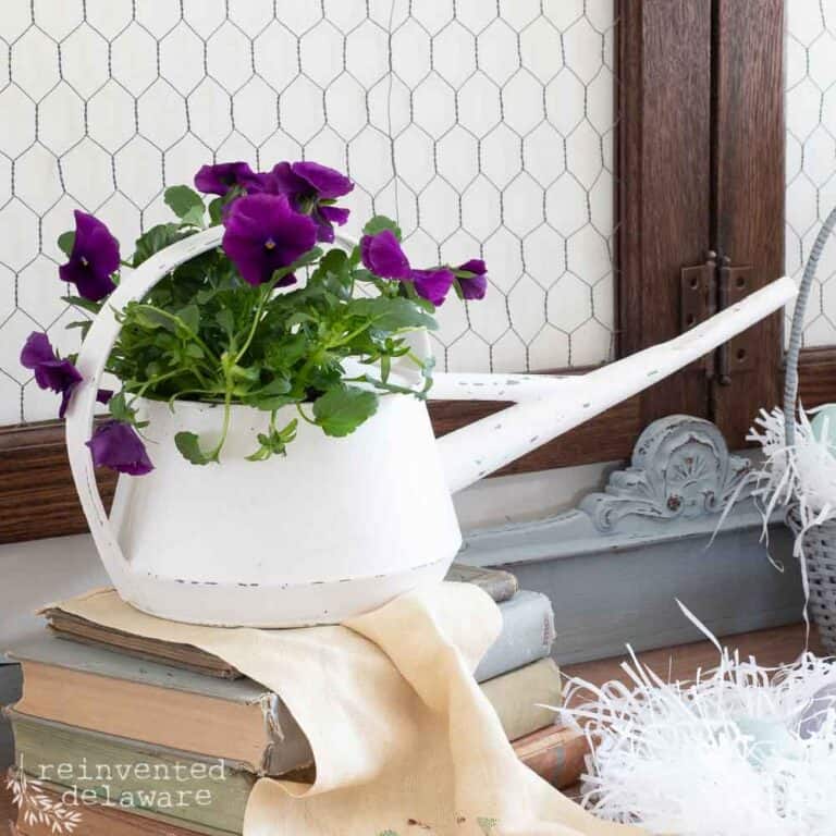 Painted watering can for a trash to treasure ideas project filled with pansies for spring.