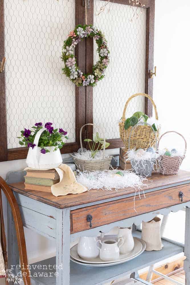 Staged spring home decor pieces upcycled from trash to treasure.