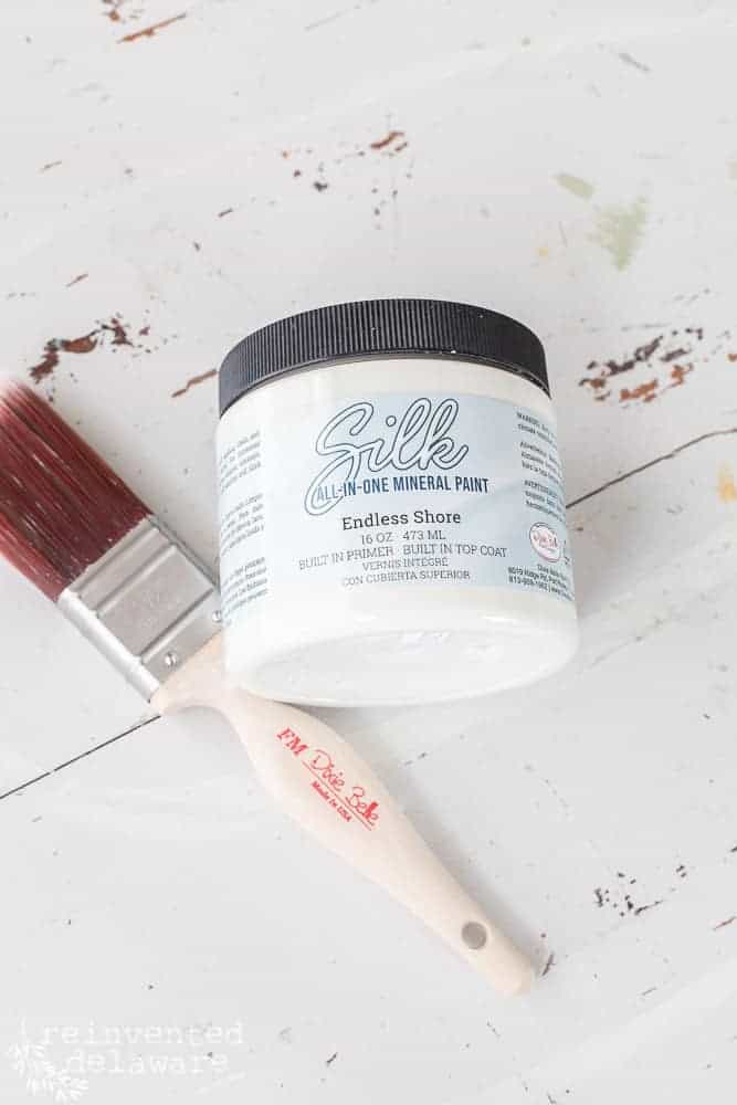 Close up of Dixie Belle Silk paint in Endless Shore and a paint brush.