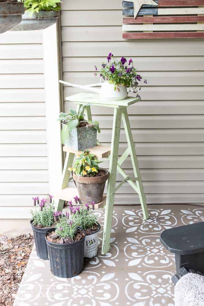 Step ladder with planters sitting on steps.