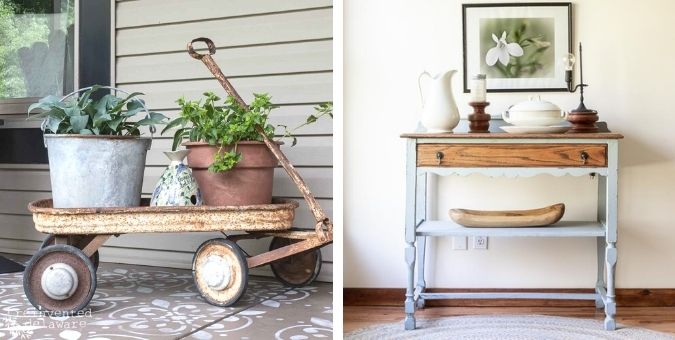 Collage of two images: wagon filled with plants, painted vintage sideboard (1)