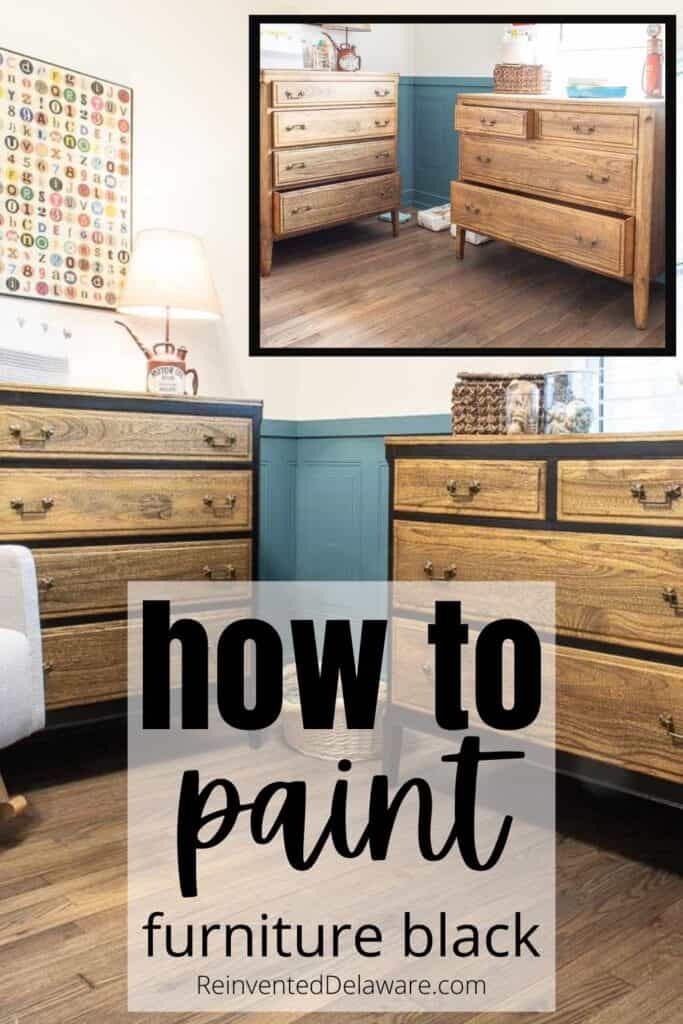 Pinterest Graphic with text overlay "how to paint a dresser black"