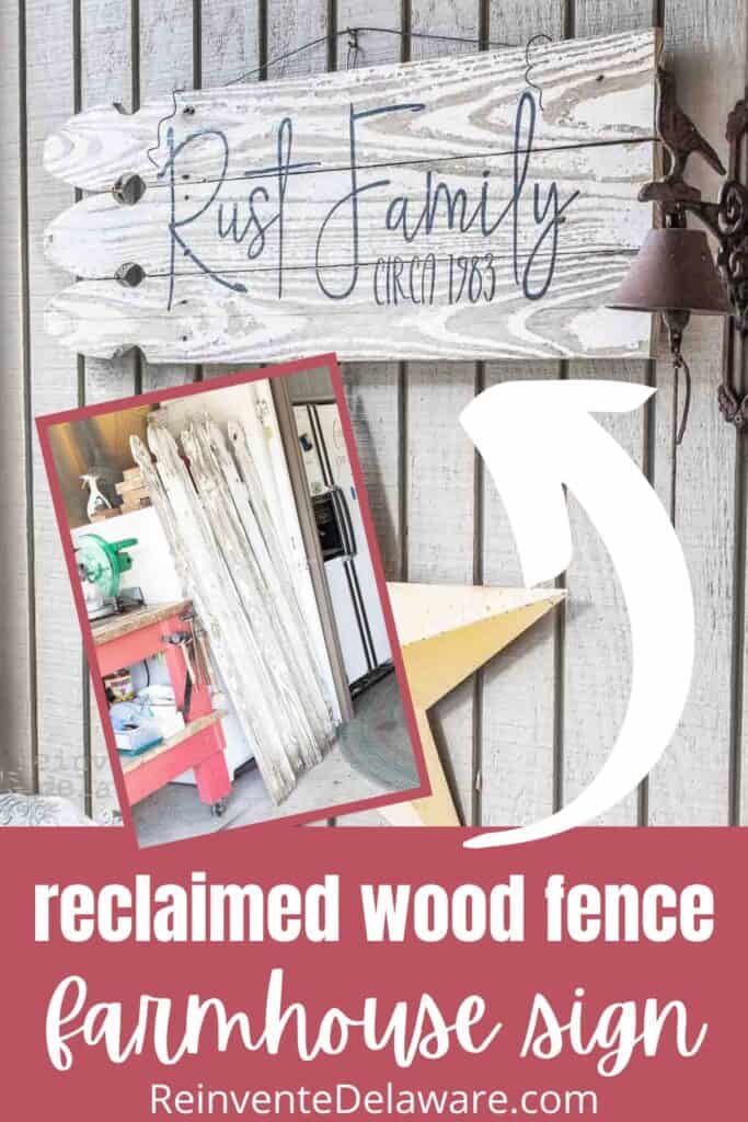 Pinterest graphic with text overlay Reclaimed wood fence sign.