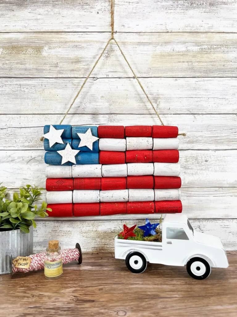 Wine corks upcyled into an American Flag for patriotic home decor.