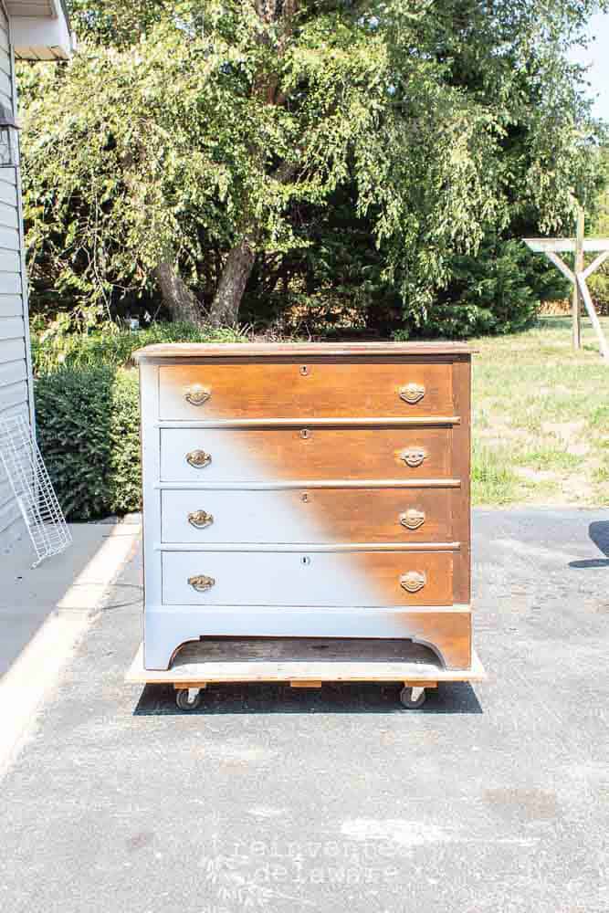 Before and after shot of antique dresser where the two shots have been blended together with Photoshop.