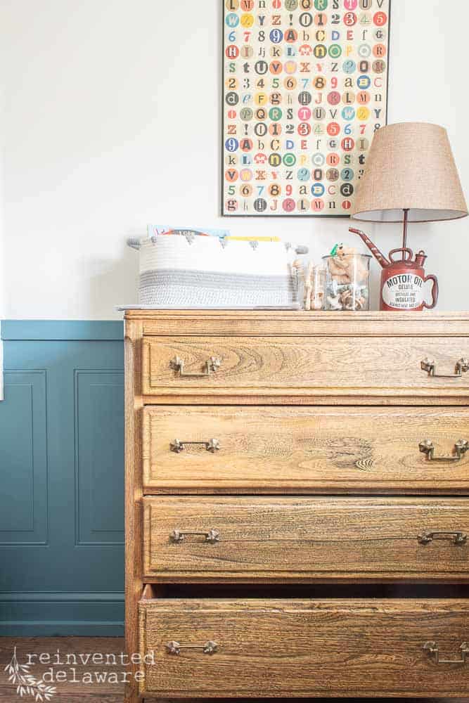 Close up of vintage oak dresser.