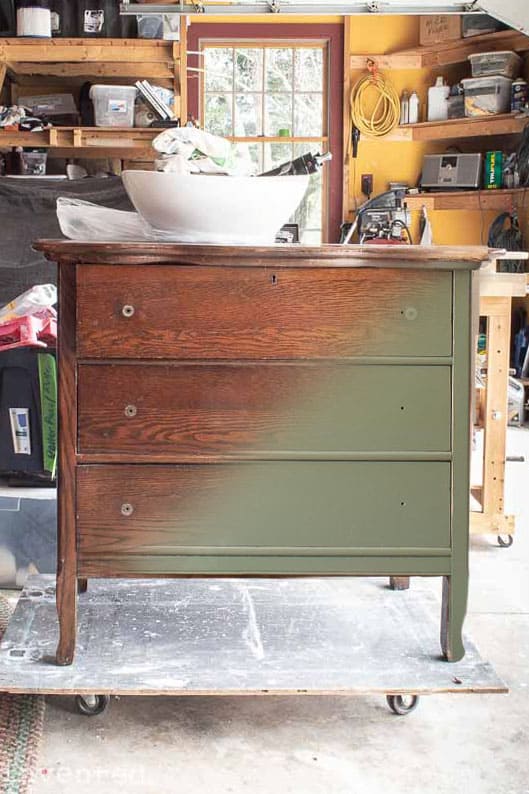 Before and after shot of antique dresser makeover converted to a bathroom vanity.