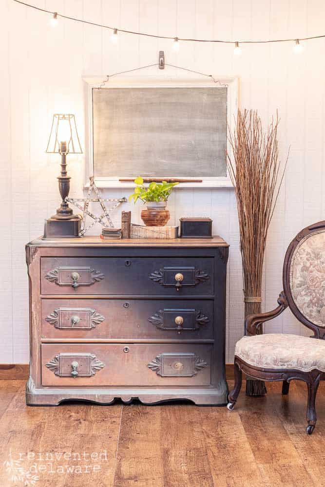 Before and after shot of a dresser makeover using milk paint.