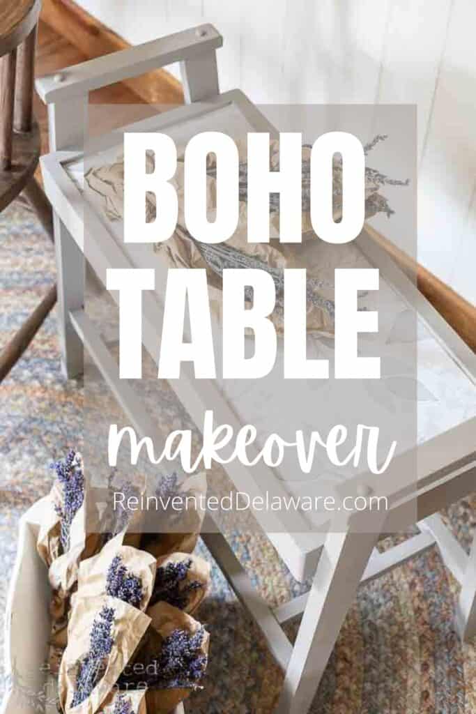 Pinerest graphic with text overlay Boho Table Makeover for DIY Boho Painted Furniture tutorial.
