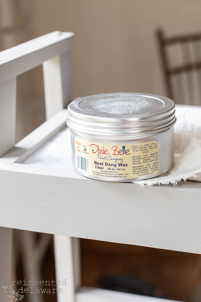 Can of Dixie Belle Wax sitting on top of diy boho painted furniture makeover.