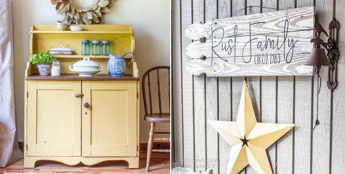 Collage of two images: painted wood pine cupboard in Miss Mustard Seed's Milk Paint and a farmhouse porch sign with a family name made from pickets.
