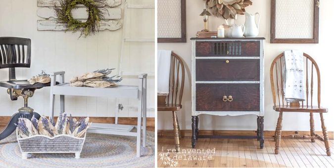 Collage of two images including small table makeover and vintage furniture makeover.