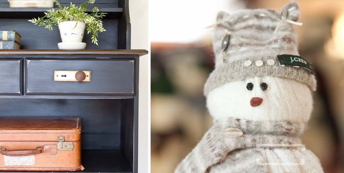 collage of furniture makeover and DIY craft snowman