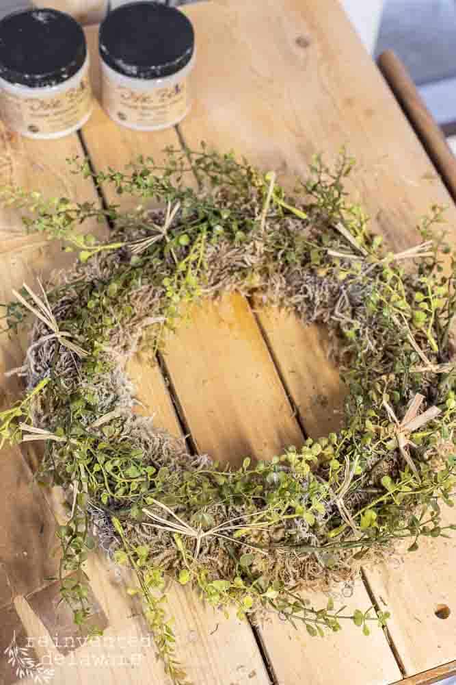 fall wreath with faux greenery and florists moss