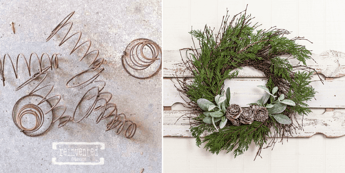 collage of twig wreath and repurposed bed springs