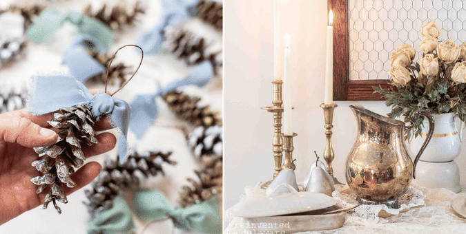 collage of vintage tablescape ideas and DIY Christmas tree pinecone ornament