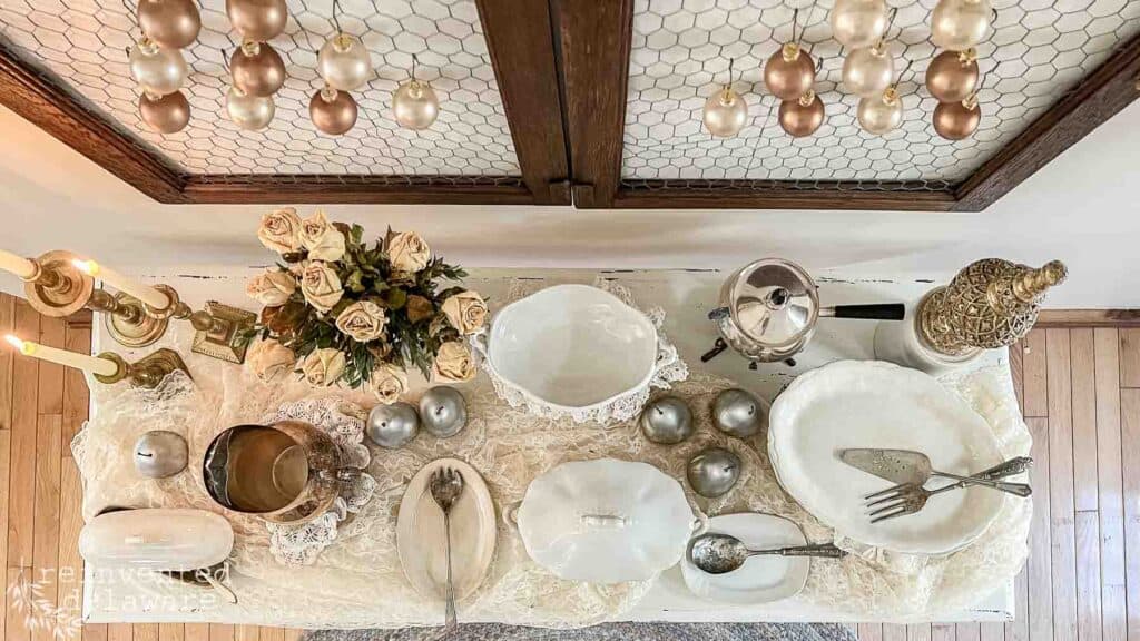 buffet style tablescape with vintage dishes