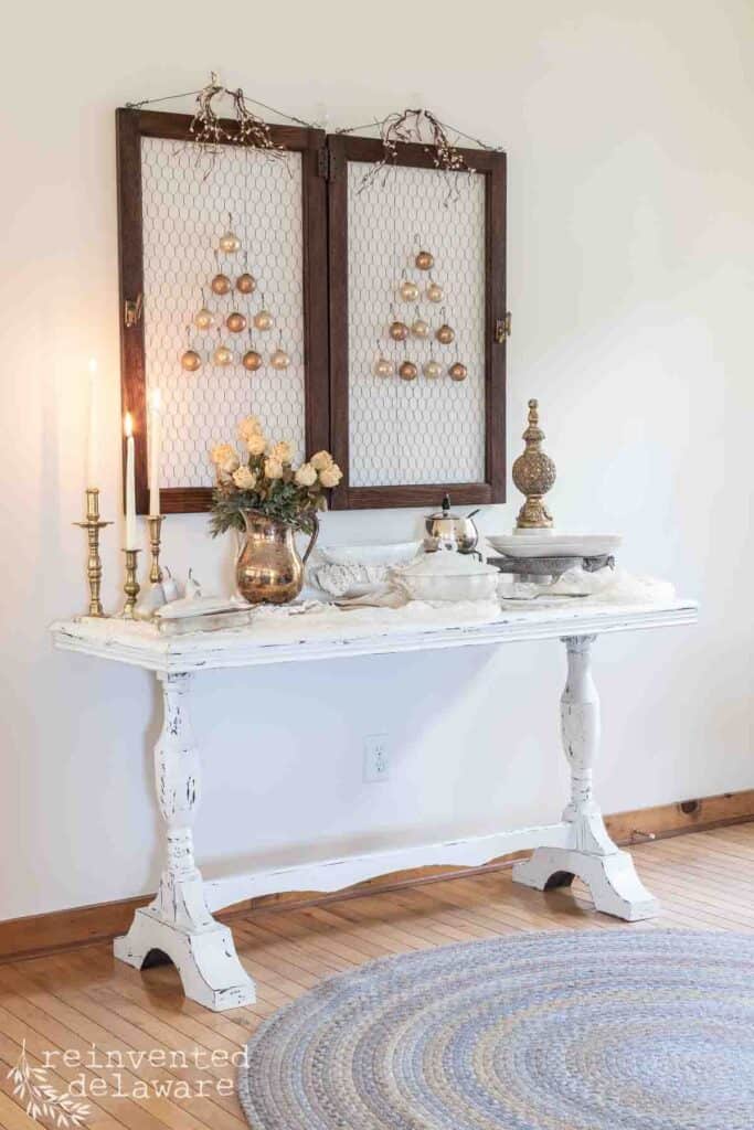buffet tablescape with vintage ironstone