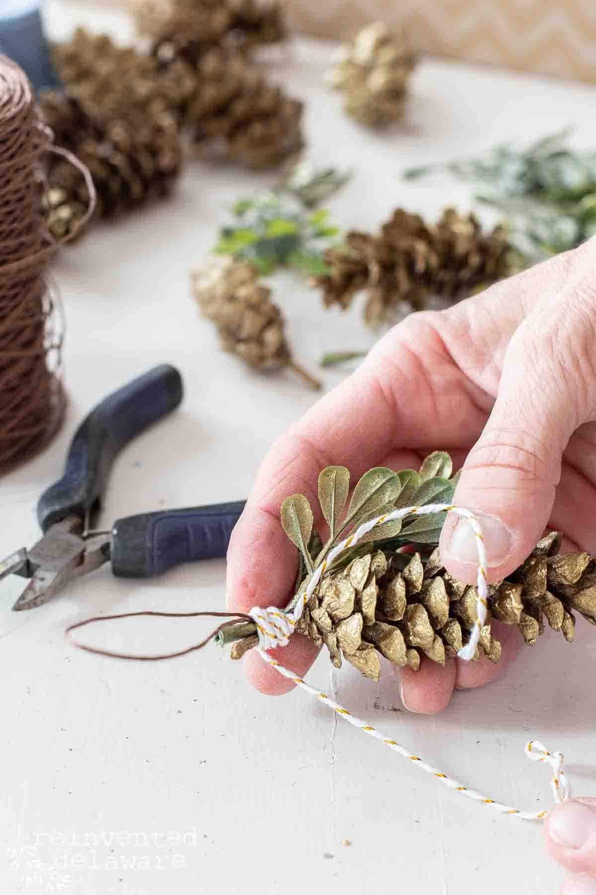 pine cone Christmas ornament for gift wrapping