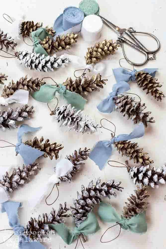 pinecone rustic DIY Christmas tree ornaments with ribbon