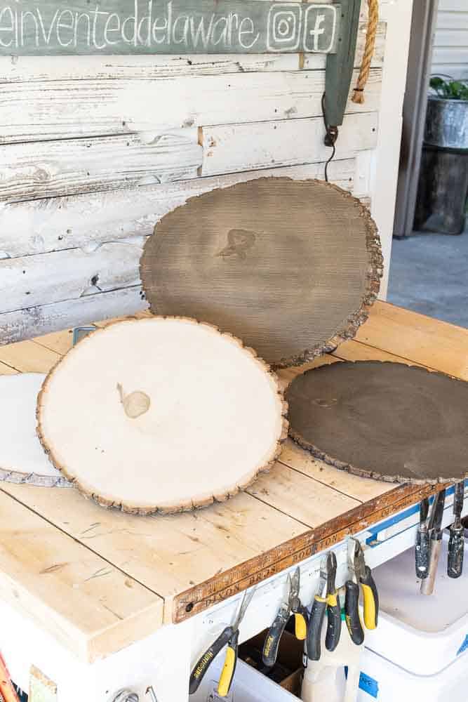 wood slices stained in various colors for diy project