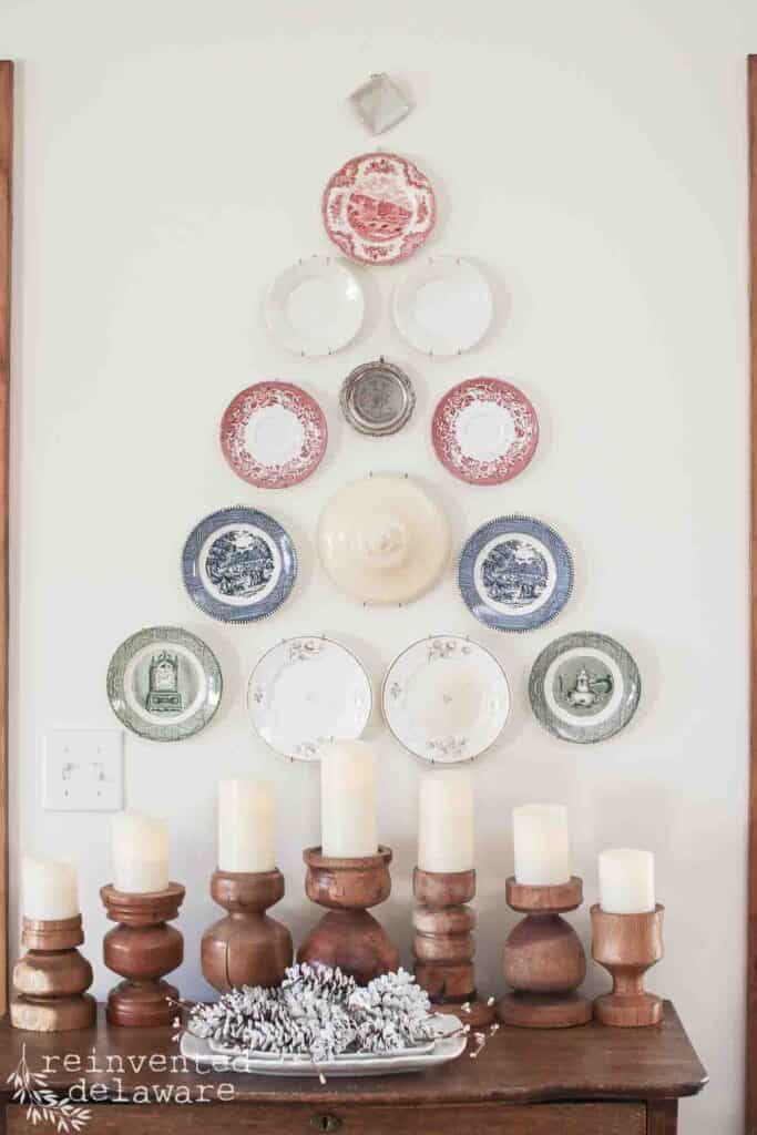 Unique Christmas tree made from vintage ironstone and transferware plates