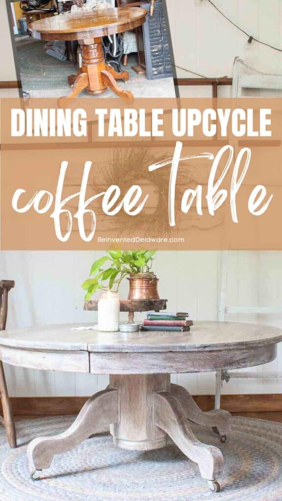 graphic with dining table upcycle showing before and after