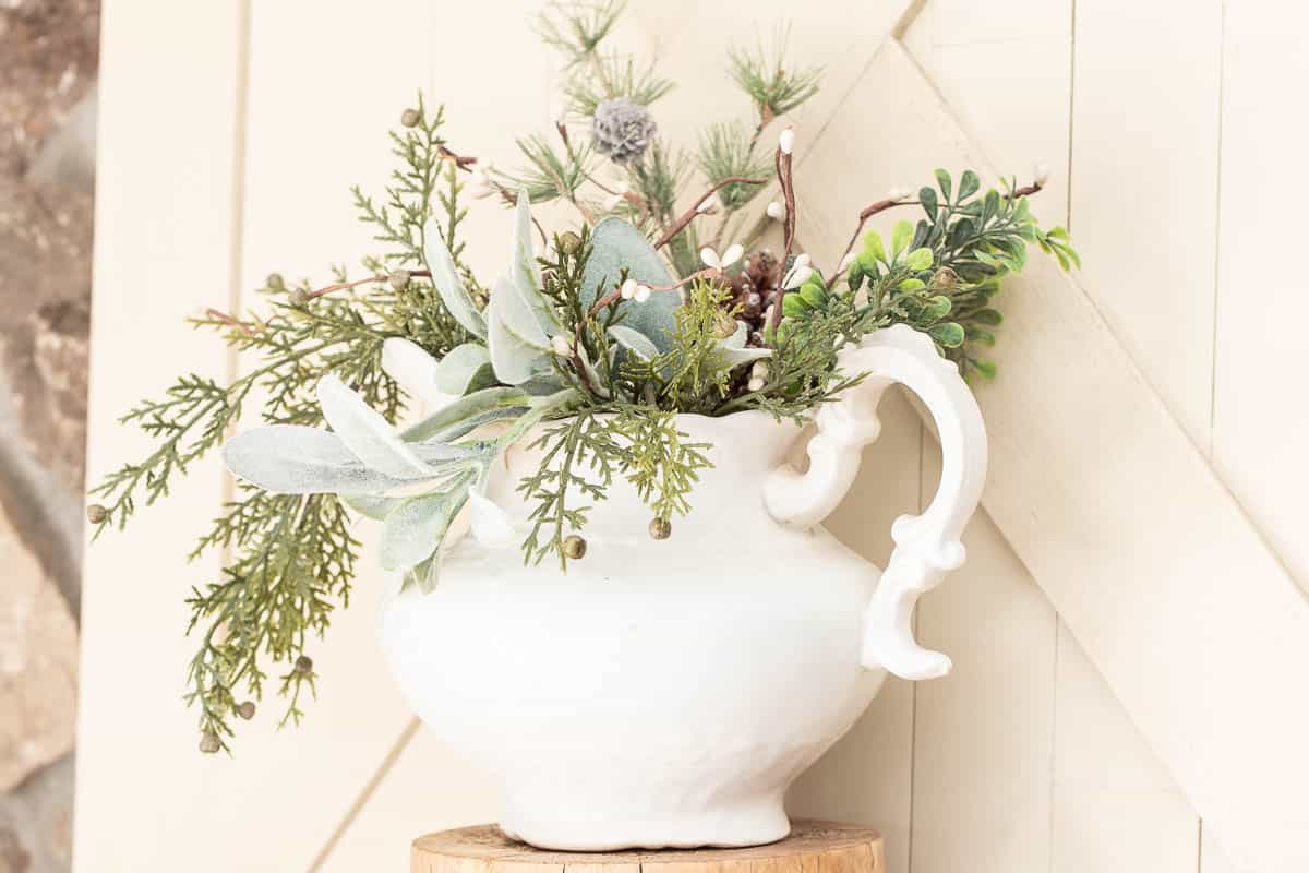 ironstone pitcher with faux greenery for the holidays