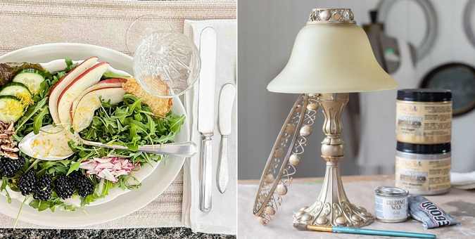 collage of salad and lamp makeover