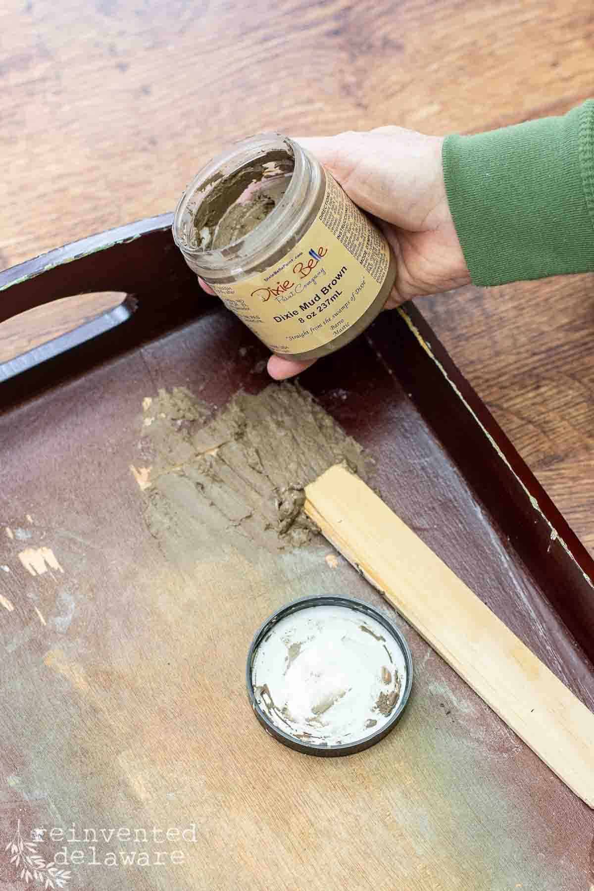 wood filler repair on old serving tray