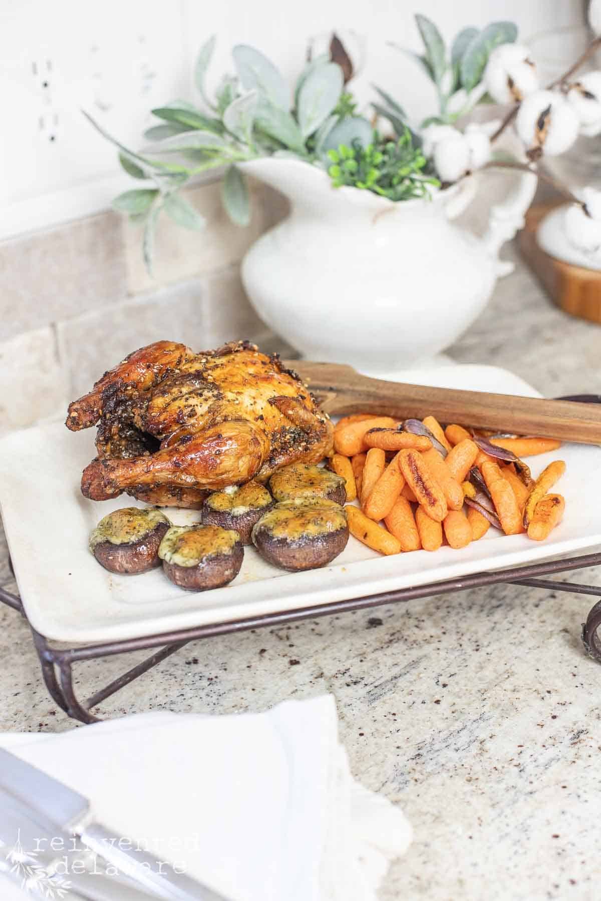 air fryer roasted cornish hen with roasted vegetables