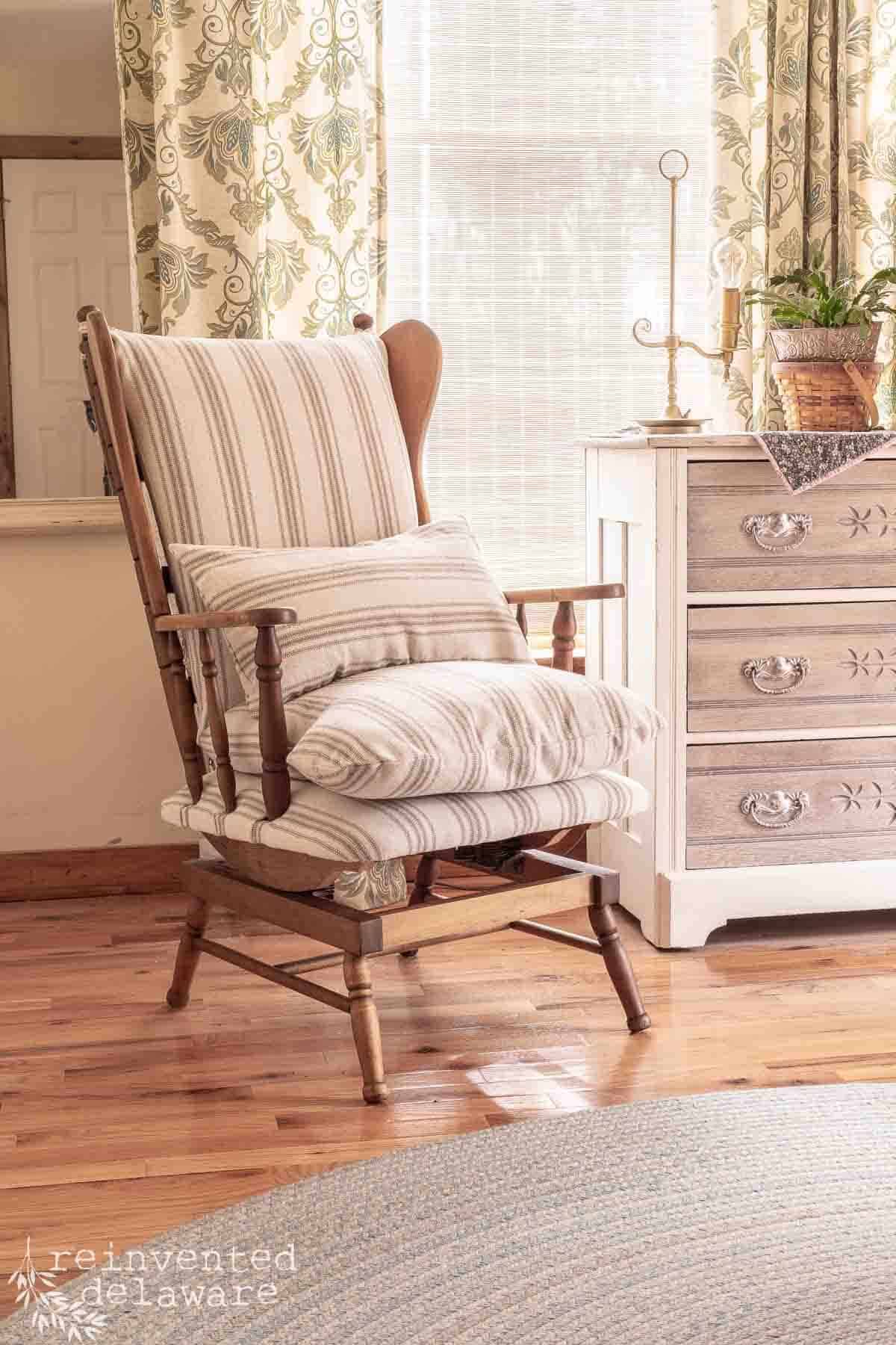 reupholstered rocking chair in grainsack fabric