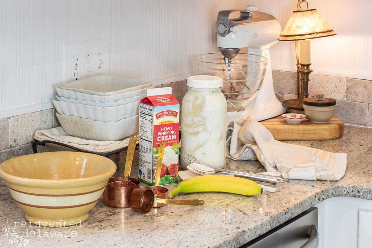 ingredients and supplies on a kitchen counter for homemade frozen yogurt recipe