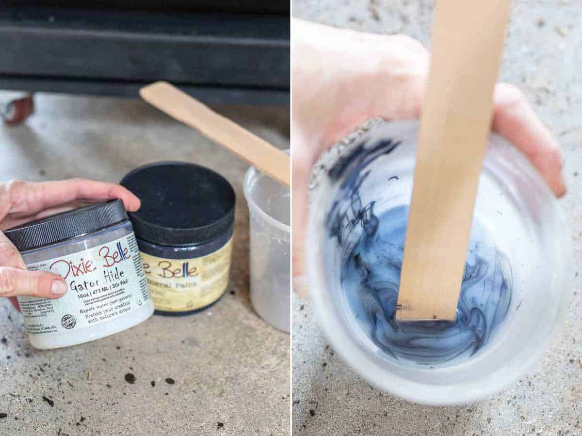mixing paint into clear top coat called Gator Hide by Dixie Belle