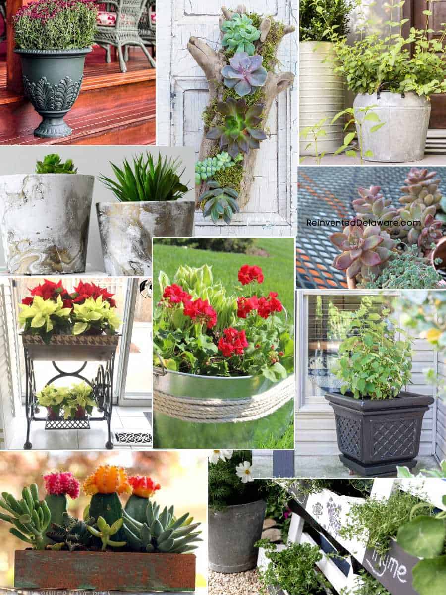 collage of upcycled garden containers