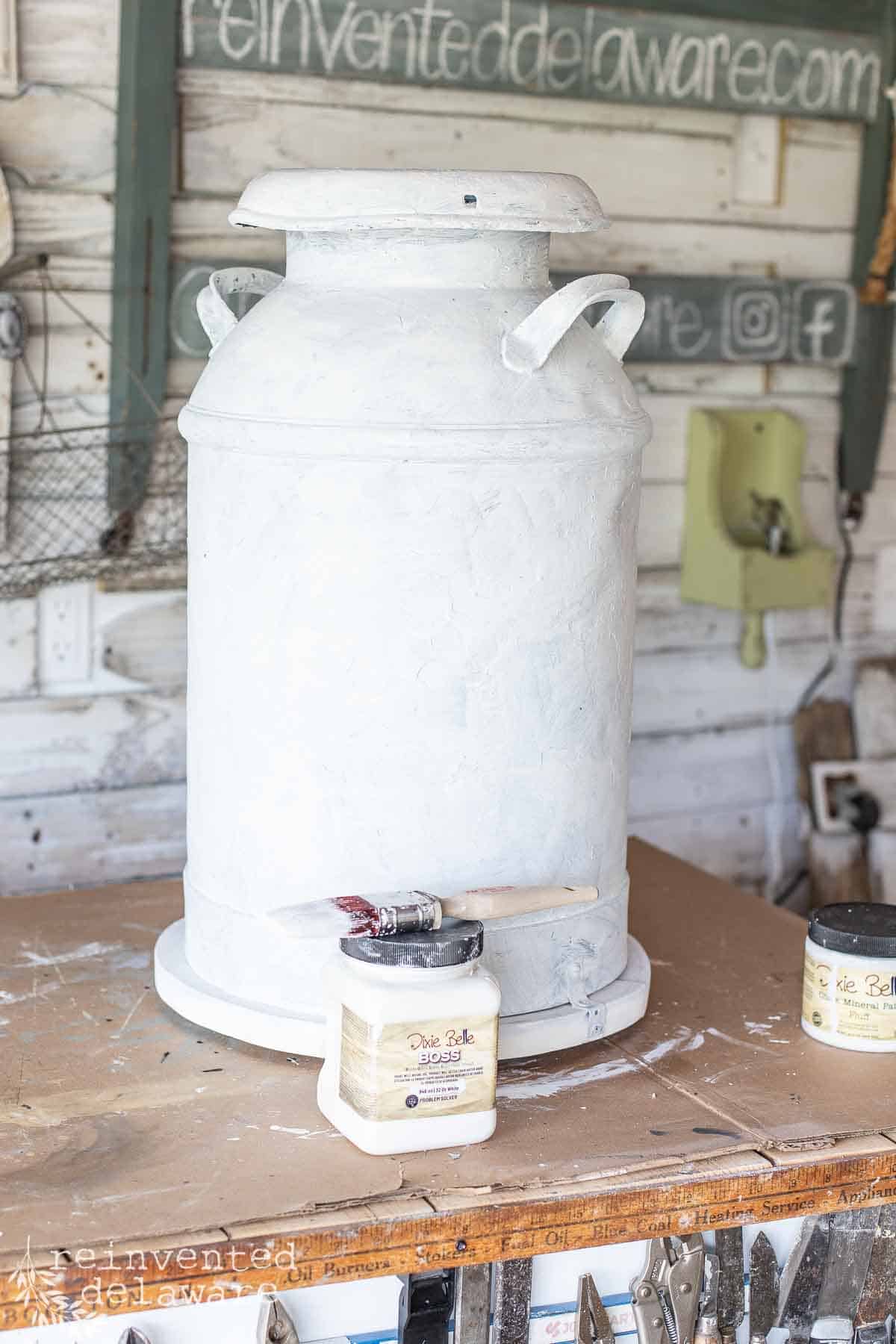 old milk can painted with chalk paint