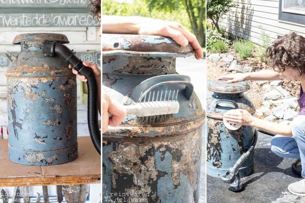 steps showing how to clean an old milk can