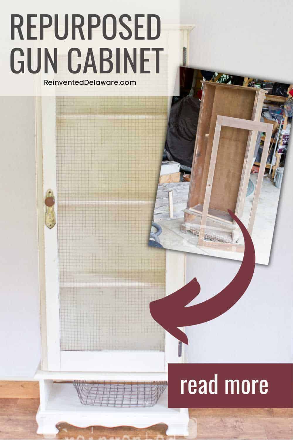 Pinterest graphic with text overlay "Repurposed Ghn Cabinet" showing before and after furniture makeover and upcycled project.