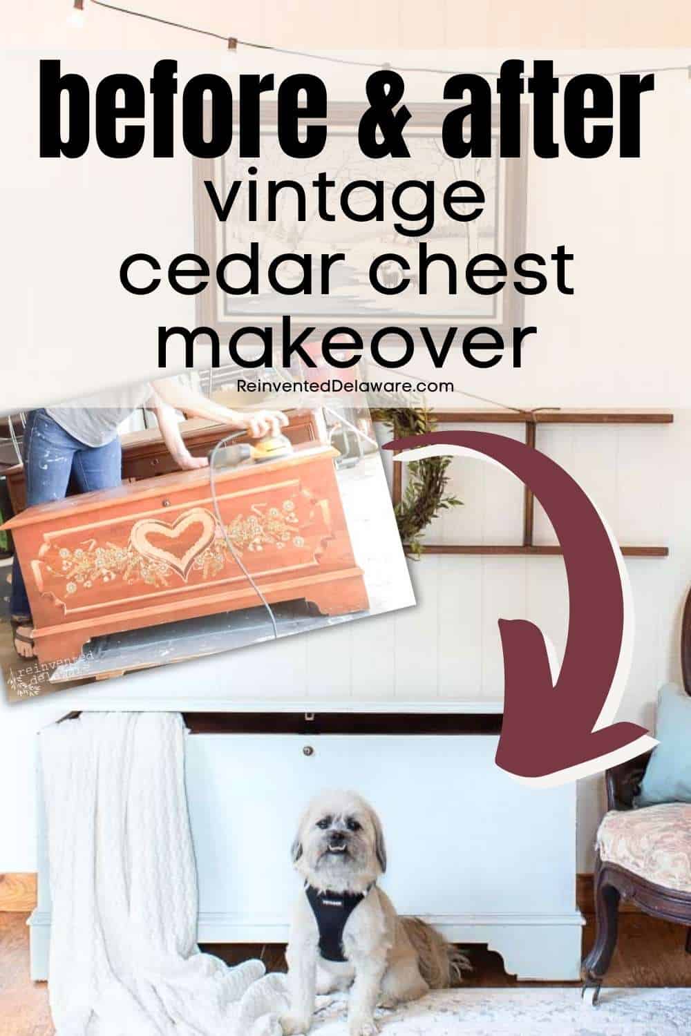 Pinterest graphic with text overlay "before and after vintage cedar chest makeover" showing images of hope chest