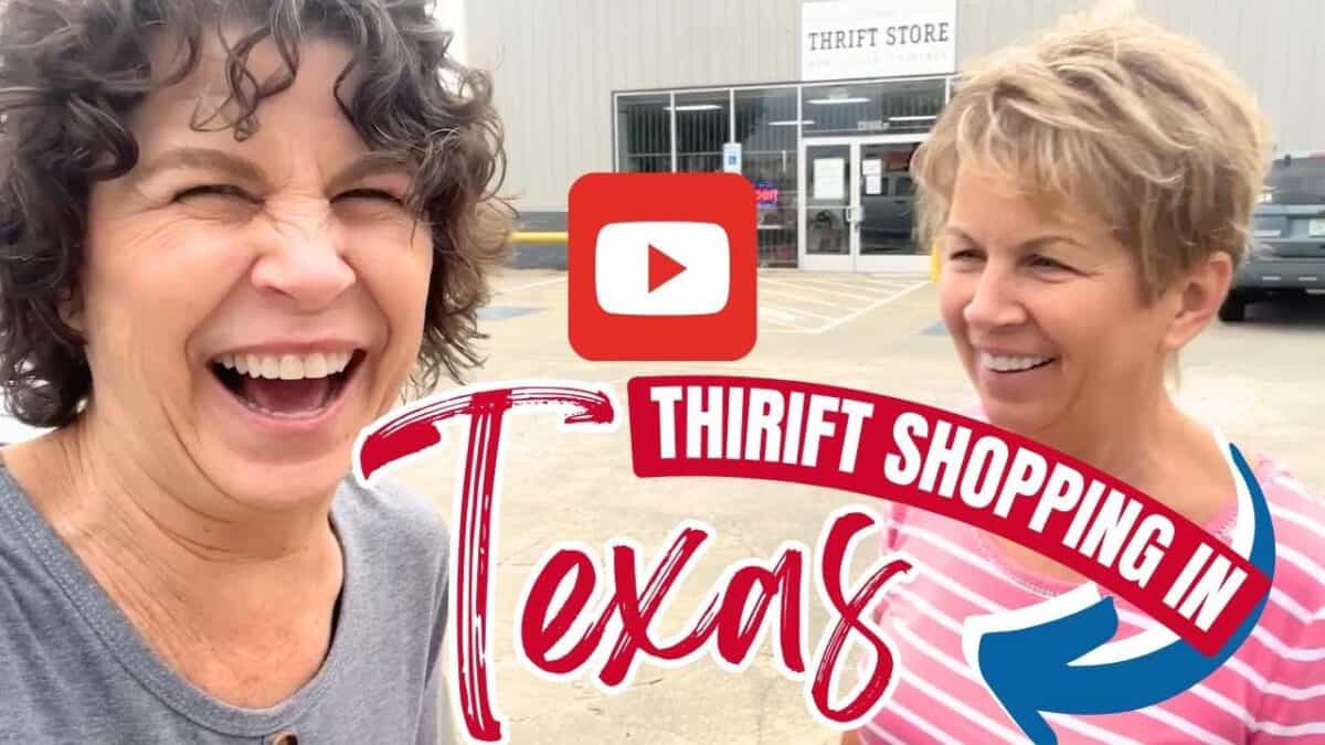 youtube thumbnail graphic showing two ladies in Texas at thrift stores