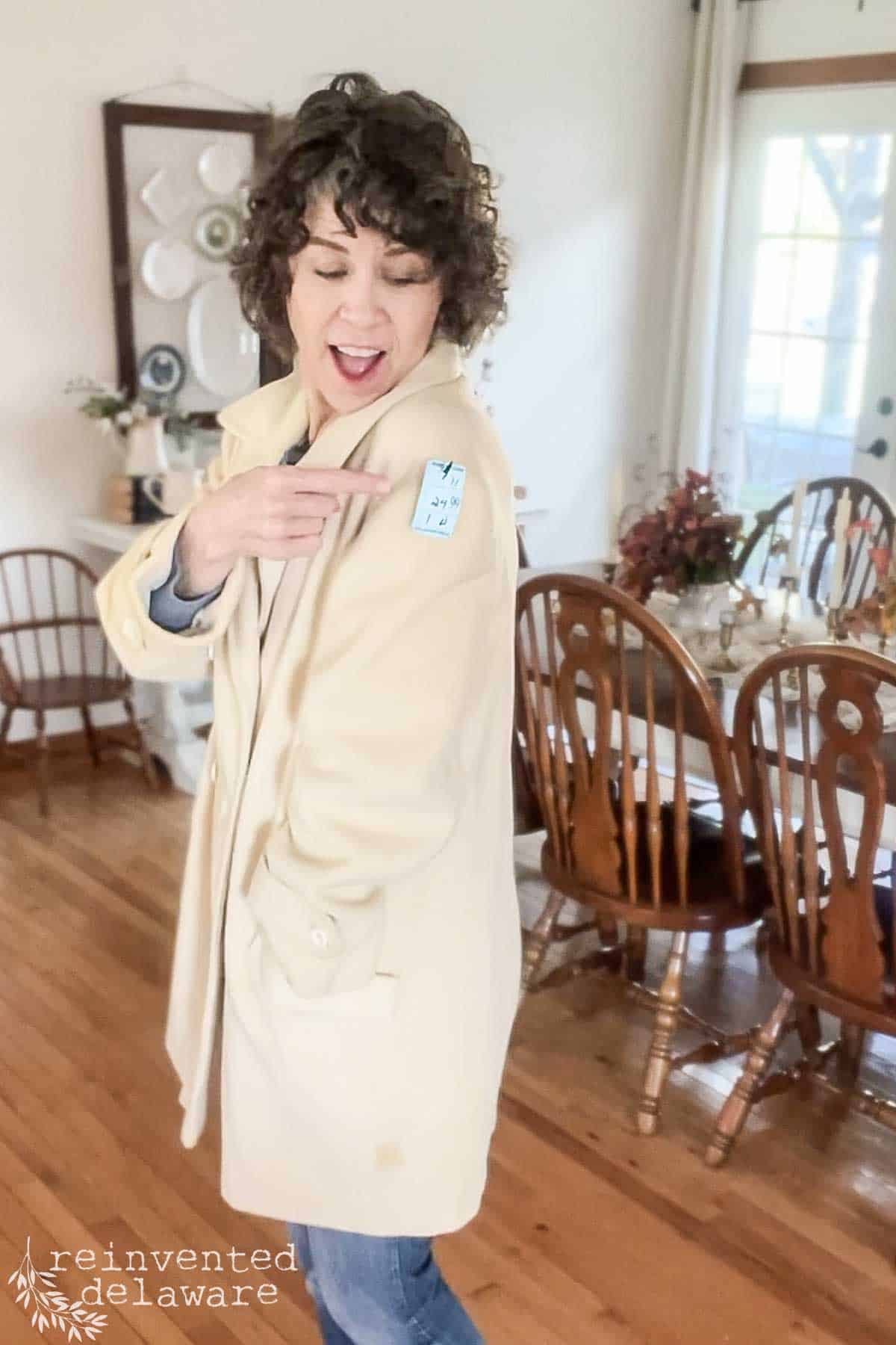 lady wearing a thrift store wool coat