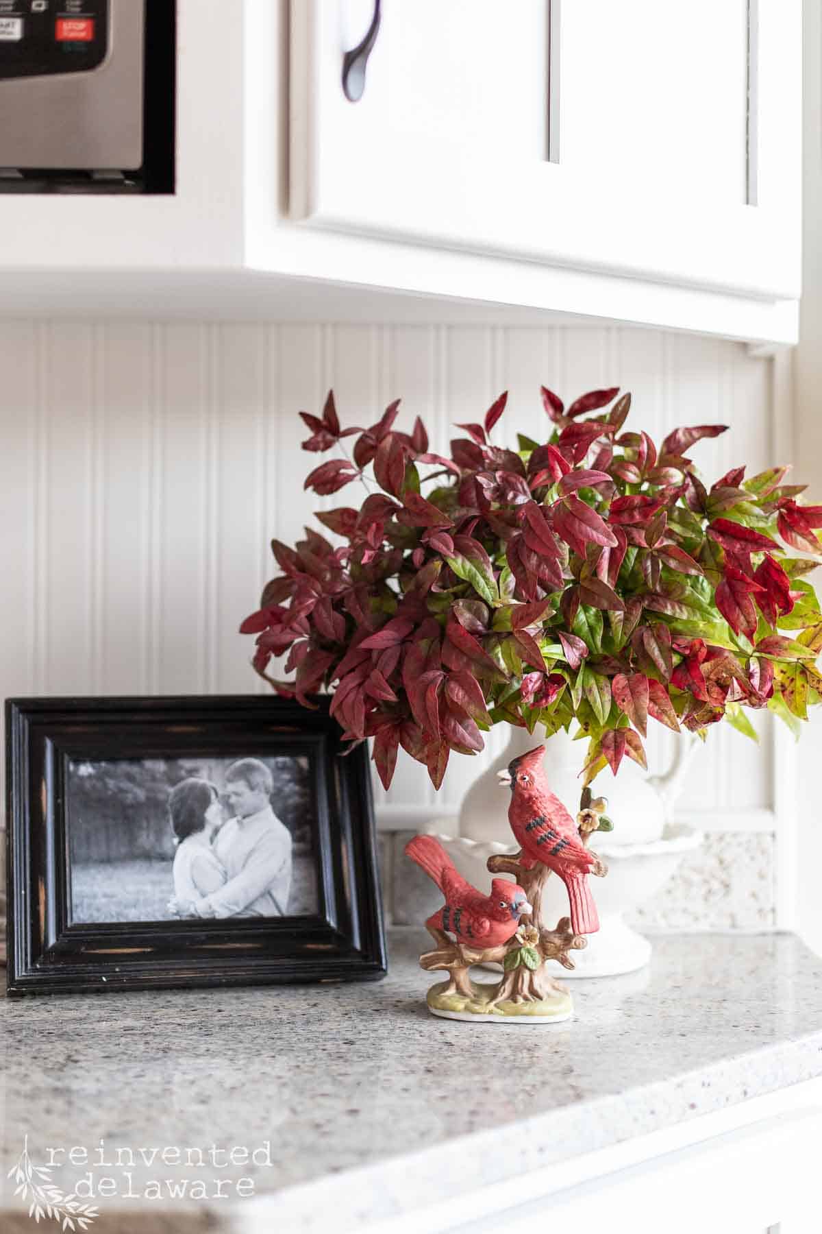 ironstone pitcher filled with fresh nandina for holiday decor