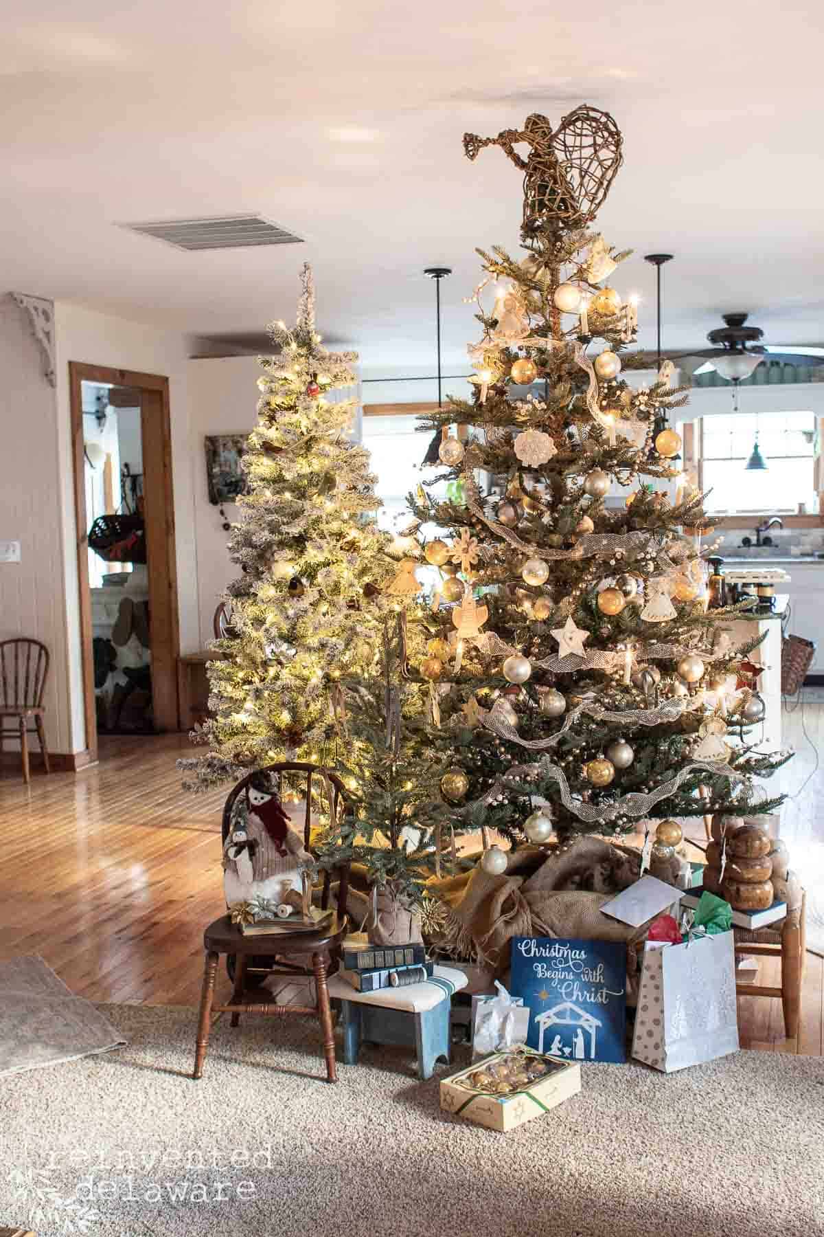 Christmas trees decorated with vintage ornaments