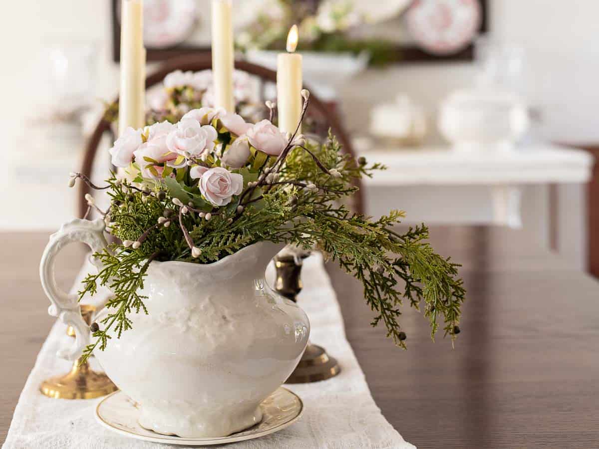 vintage ironstone pitcher with faux roses for Valentines day decor