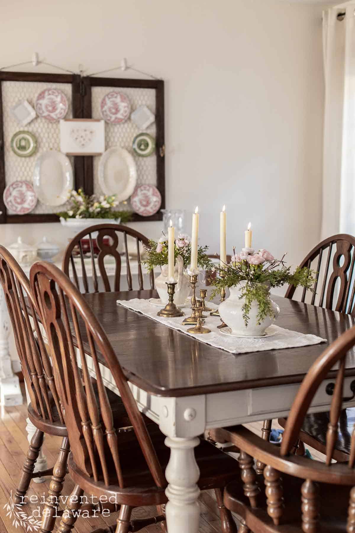 dining room decorated with vintage inspired Valentine's decor