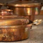close up of burnt copper pan