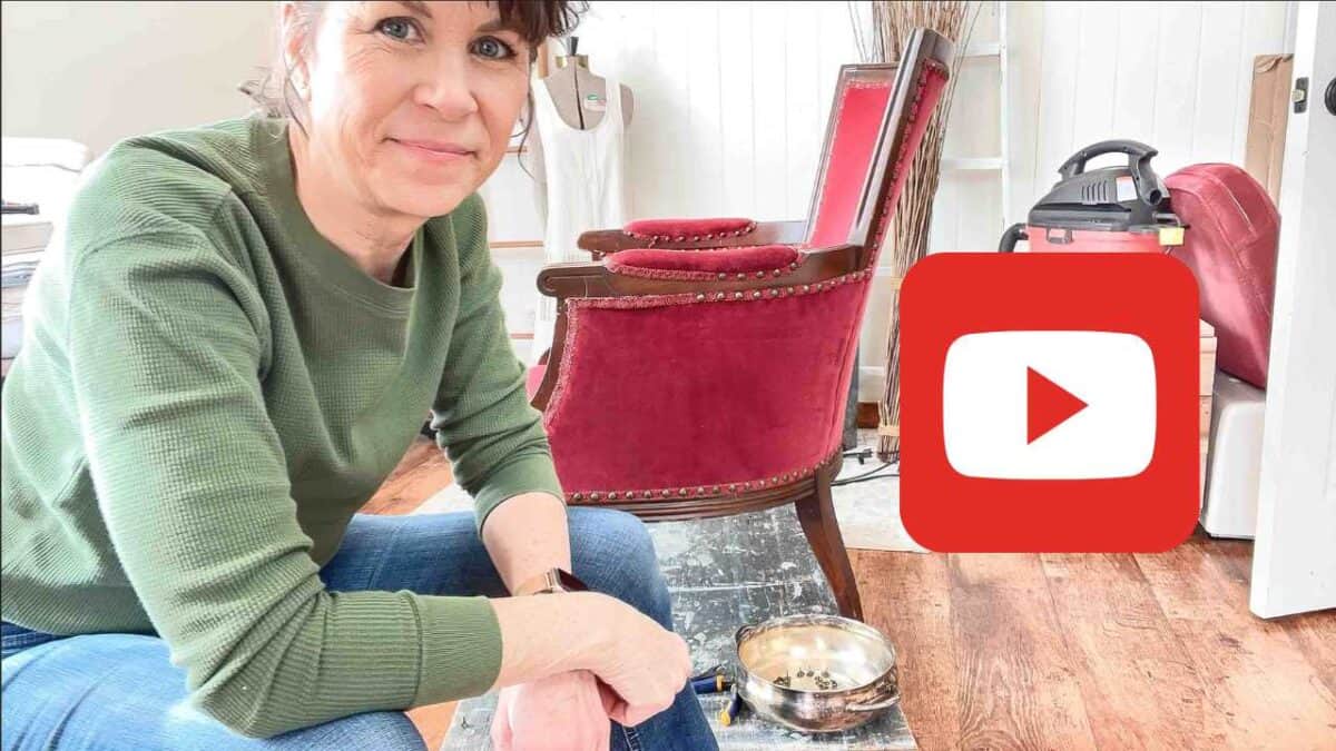 YouTube thumbnail showing a lady with a chair that needs reupholstery