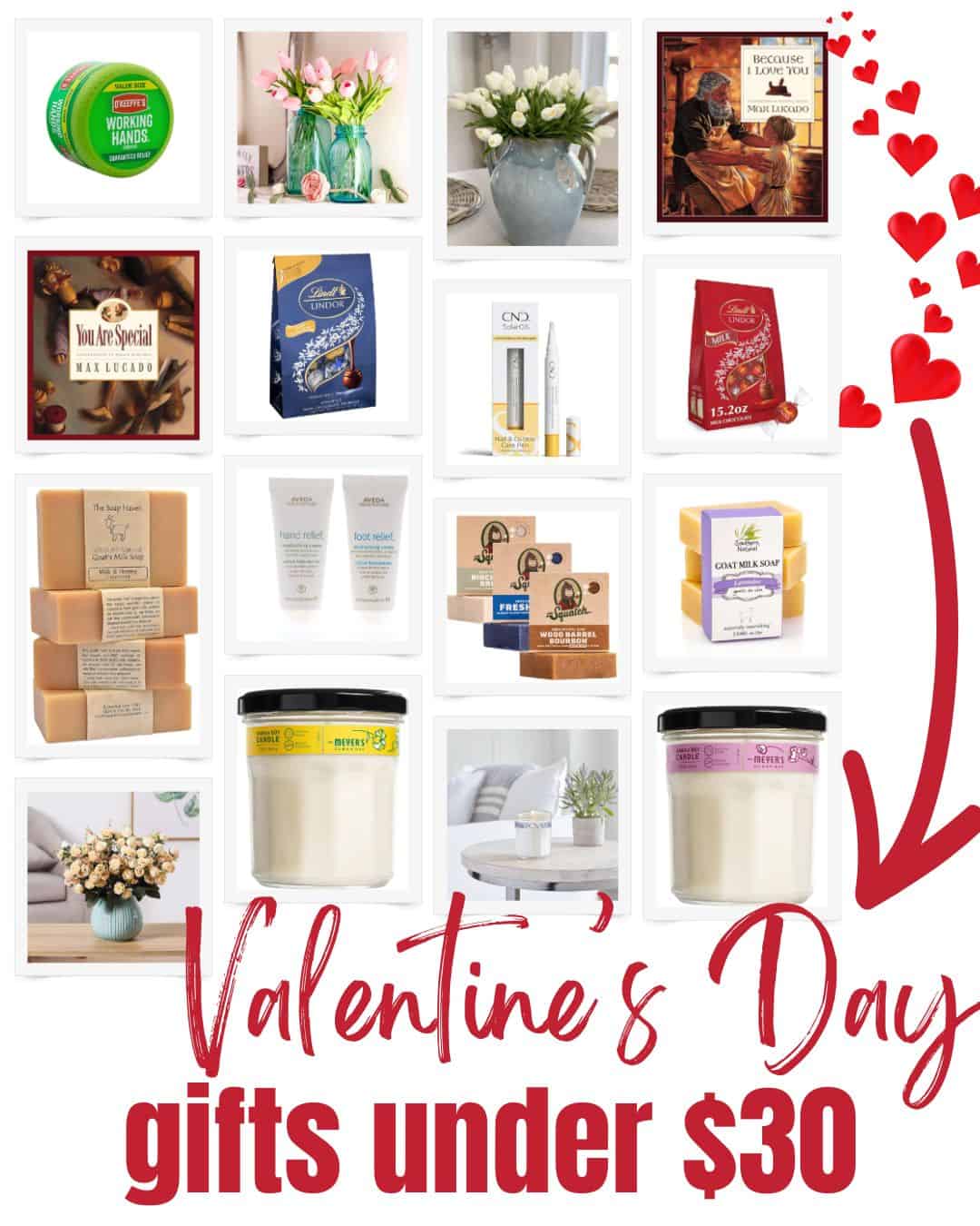 graphic with a collage of product images for Valentines Day like hand cream, soap and candles with text overlay "Valentines Day gifts under $30
