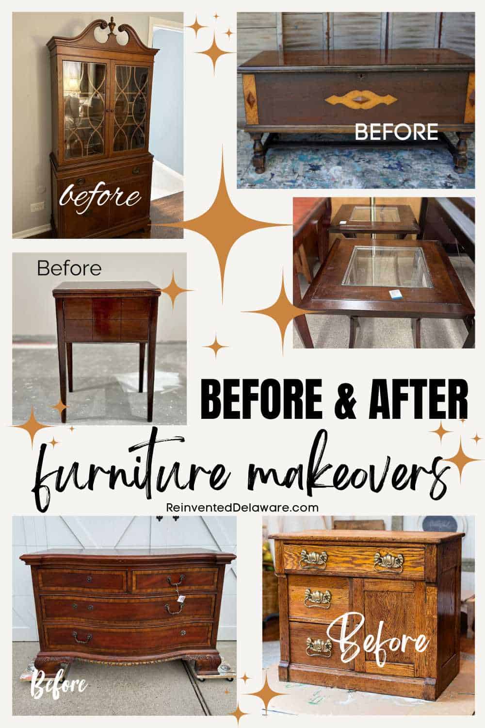 pinterest graphic with text overlay Before and After Furniture makeovers with before makeover images