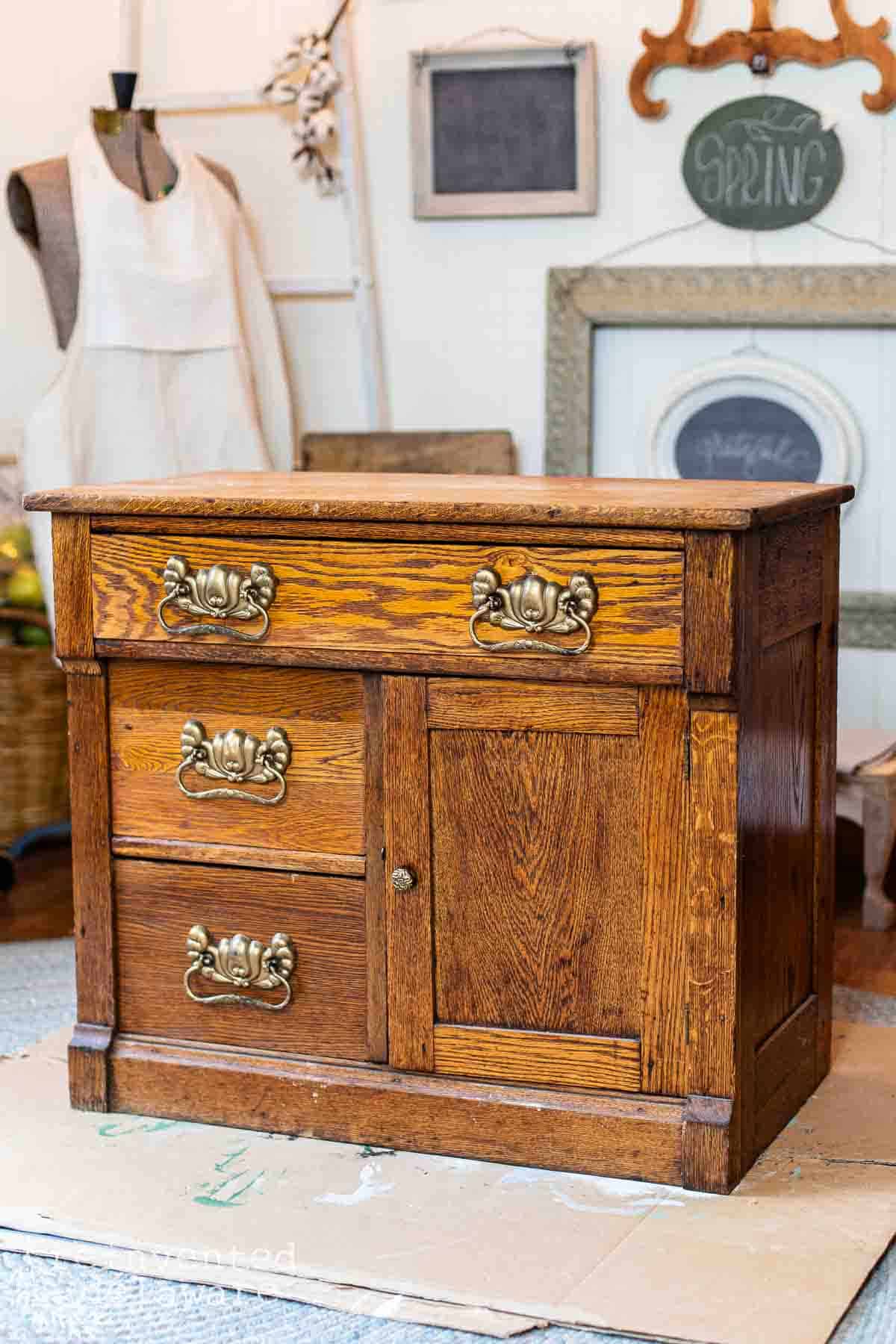 small antique washstand ready for a furniture makeover project showing the before and after.